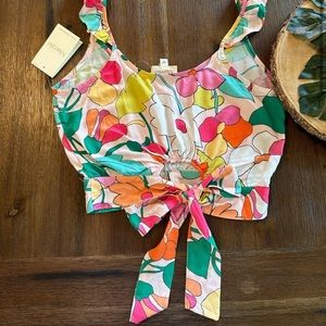 NWT Anthropologie Meraki Tropical Floral Crop Top Tie Back Ruffle Tank